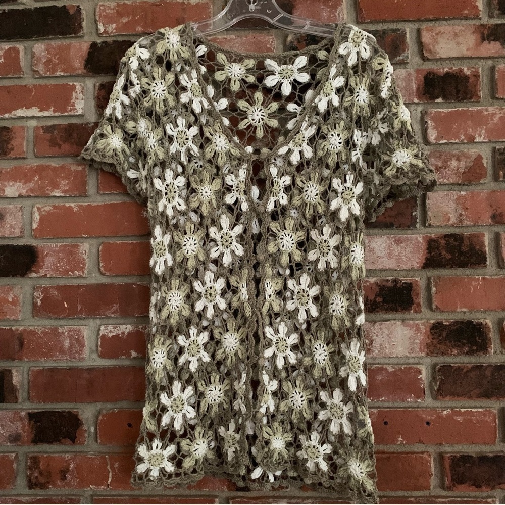 Vintage Y2K White Stag Boho Crochet Cardigan Olive Green Daisy Short Sleeve Sz S